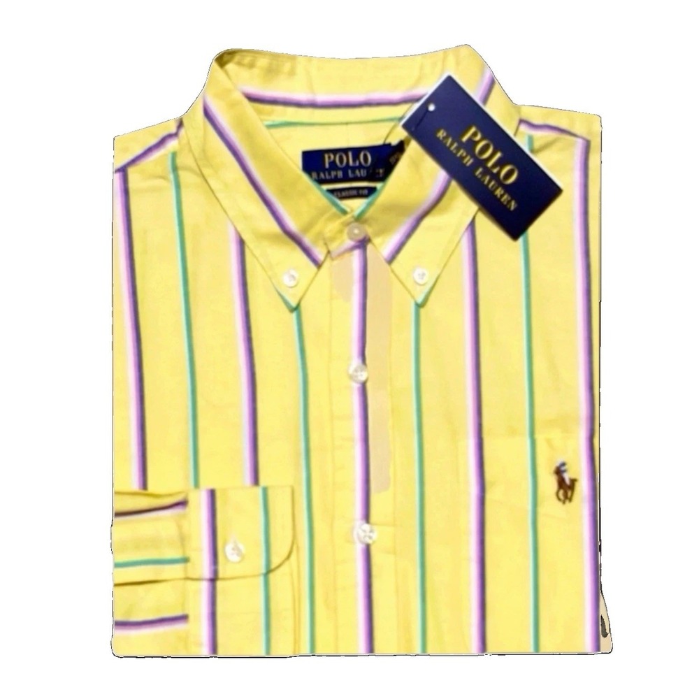 Polo Ralph Lauren Mens Oxford Classic Fit Stripe Shirt Yellow Green L NWT